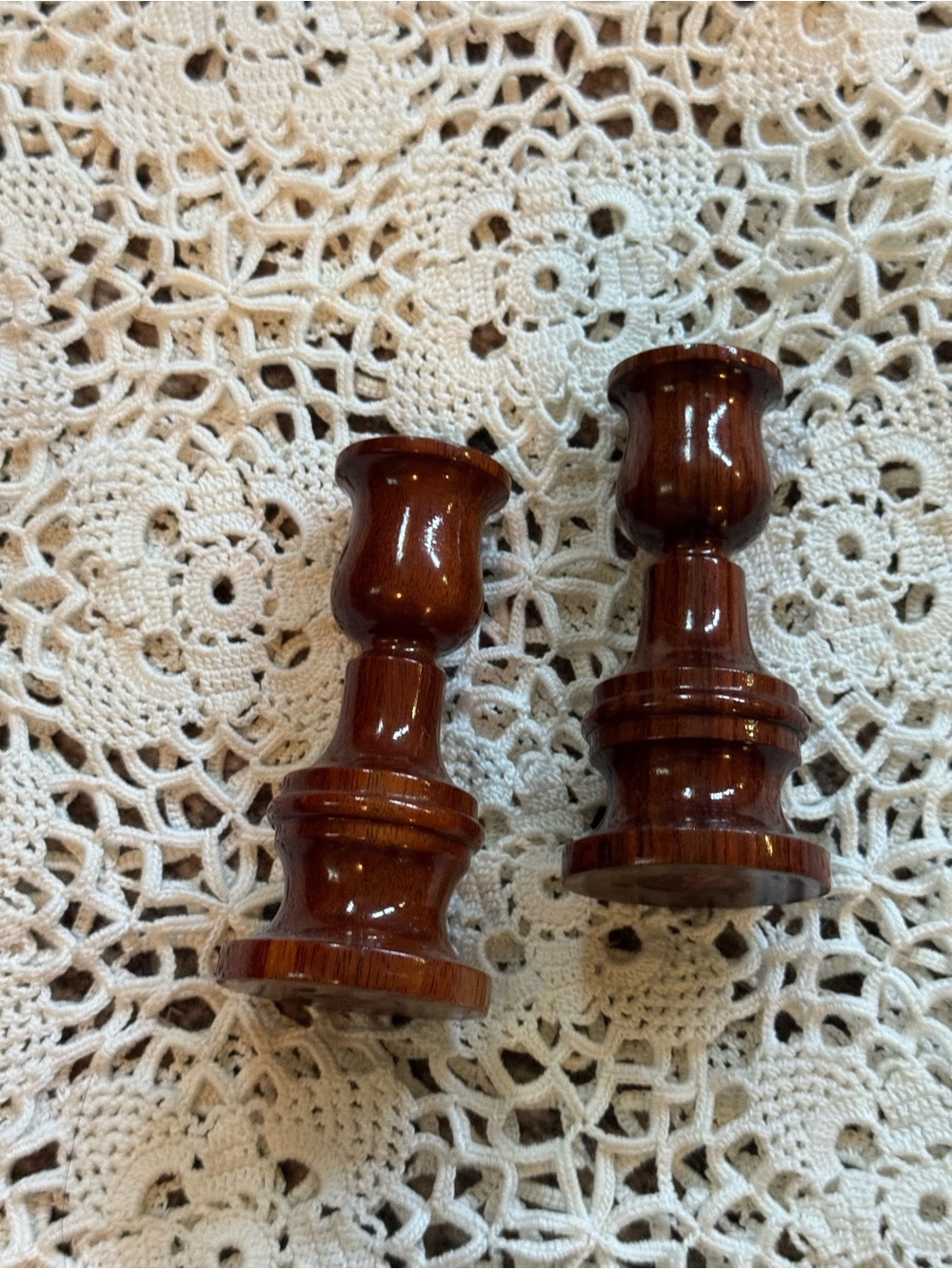 Vintage Glossy Brown Wood Candlestick Pair